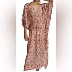 Rujuta Sheth Pink Floral Sheer Boho Kimono Beach Cover-Up Dress